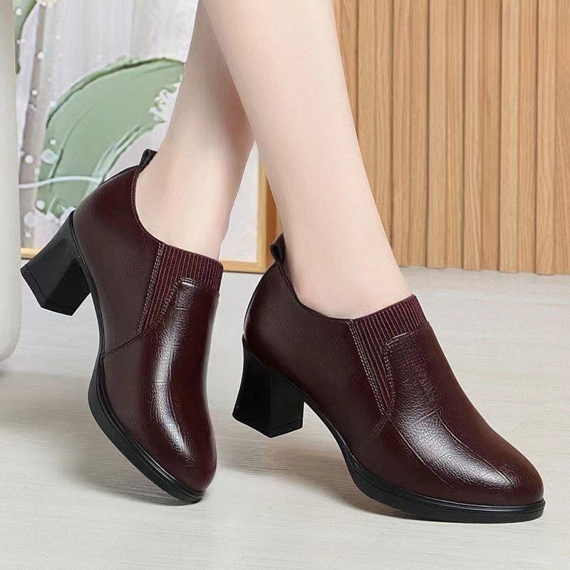Women Deep-toe Soft-leather Soft-soled High Heel.